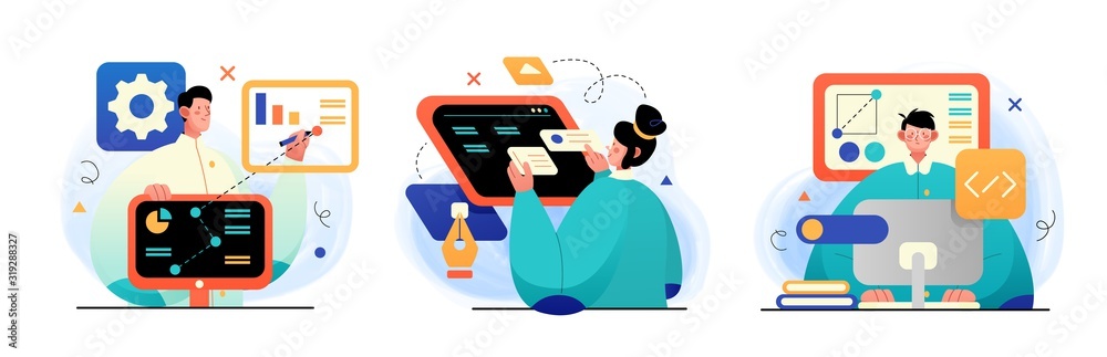 Wall mural design and development illustrations. collection of concept illustrations with programmers and desig