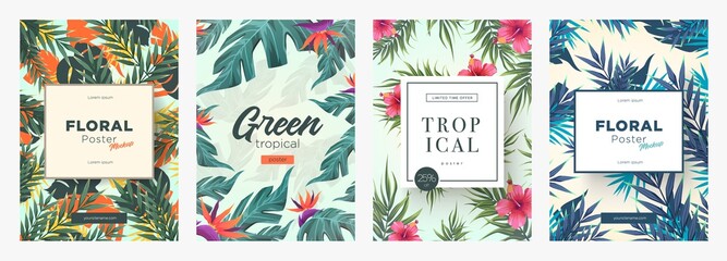 Set of Bright tropical backgrounds with jungle plants. Exotic patterns with tropical leaves © stonepic