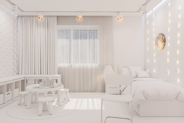 3d render of the kid bedroom interior in white color