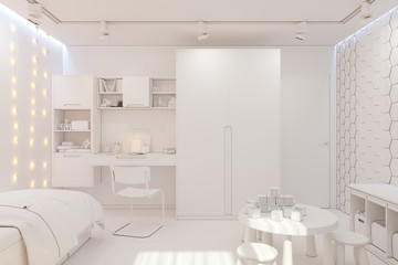 3d render of the kid bedroom interior in white color