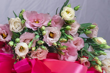 Floral holiday background of eustoma flowers. Buds and flowers of lisianthus or prairie gentian. Rose without thorns 