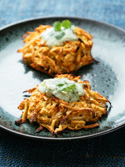 Parsnip, Carrot Fritters with Yogurt Zhoug Sauce