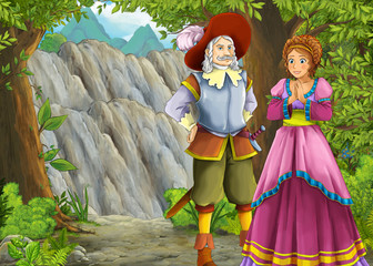 cartoon scene with mountains valley near the forest with prince and princess