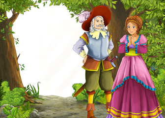 cartoon summer scene with meadow in the forest with white background with prince and princess