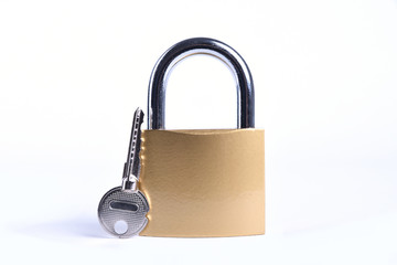 Locked Golden Padlock with keys on the white background.