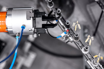 Smart factory car manufacturer automated production plant with robot hand. Concept future industry...