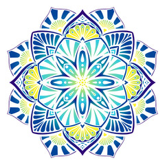Vector graphic mandala with ethnic motives in blue yellow colors