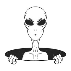 alien peeps out from the hole of space