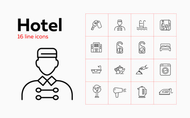 Hotel line icon set. Door sign, hotel building, pool, receptionist. Hotel service concept. Vector illustration can be used for topics like travel, vacation, hospitability