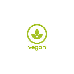 Vegan, veggie product label. Green leaves in circle icon.