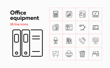 Office equipment line icon set. Calculator, monitor, computer. Work tools concept. Can be used for topics like stationery, facilities, workplace