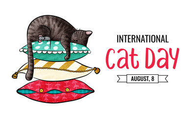 Postcard for the international cat day on August 8. Funny cartoon cat and little mouse are sleeping on a pile of colored pillow. Happy animals Print to greeting card, poster, flyer