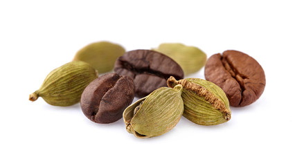 Coffee beans with cardamom  isolated on white background. Coffee beans with spice.