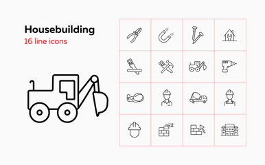Housebuilding line icon set. Foreman, brickwork, hammer, house. Construction concept. Can be used for topics like site, building works, hand tools