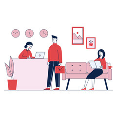 Office reception service providing for client by concierge flat vector illustration. Woman waiting for interview and reading magazine. Receptionist and customer concept for presentation or reports