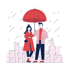 Couple standing under umbrella in street on rainy day. Man and woman in stylish red coat flat vector illustration. People in front of cityscape with skyscrapers and other buildings in rain