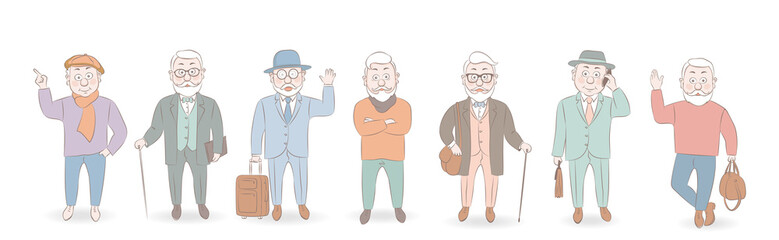 Stylish businessmen set. Cartoon male characters in different poses.Old men in fashion clothes. Cartoon style vector illustration.