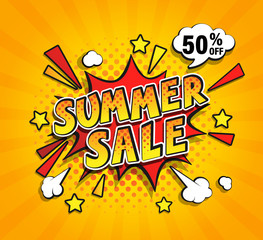 Summer sale comic speech bubble, banner for discounts. Great vintage template in retro pop art style for flyers,invitation for limited time shopping,special offer card,template for design,advertising.