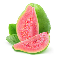 Isolated guava. One green pink fleshed guava fruit with cut out slice and leaves isolated on white...