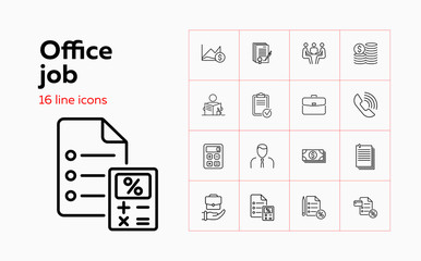 Office job icon set. Set of line icons on white background. Calculator, manager, call, money. Banking concept. Vector illustration can be used for topics like banking, investment, profit