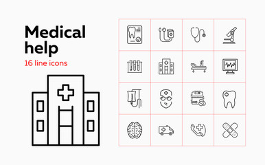 Medical help line icon set. Ambulance, dentist, brain. Medicine concept. Can be used for topics like lab test, emergency, diagnosis
