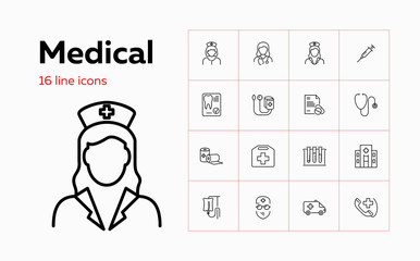 Medical icons. Set of line icons on white background. Doctor, drip feed, ambulance car. Vector illustration can be used for topics like medicine, healthcare