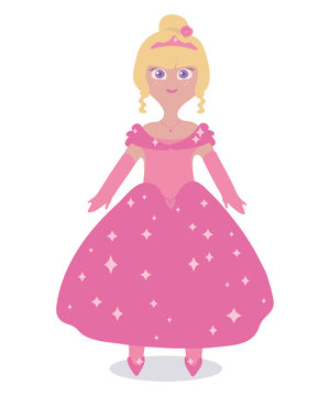 Pink vector beautiful cute princess doll in a magnificent ball gown and crown illustration isolated on white background.