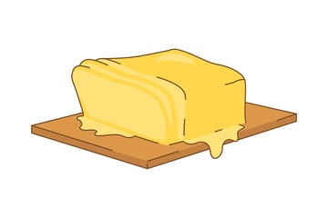 Melting yellow butter on a brown cutting board. Cartoon vector illustration. May use for sticker or web application. Flat style picture isolated on white background.