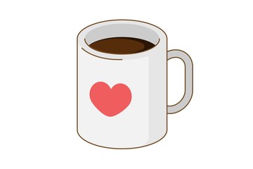 White coffee mug with red love heart. Cartoon vector illustration. May use for sticker or web application. Flat style picture isolated on white background.