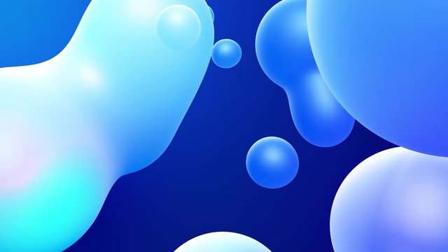 3d abstract background with droplets of molten wax merge and fly apart drops in liquid. Subsurface scattering material with internal blue glow. Seamless loop in 4k. 76
