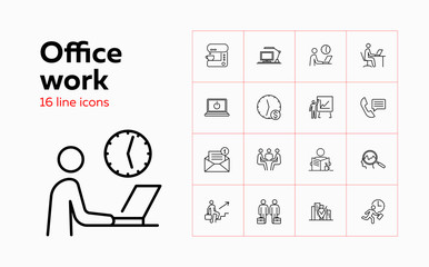 Office work icons. Set of line icons on white background. E-mail sign, partners, clock, coffee machine. Can be used for topics like office, business, partnership