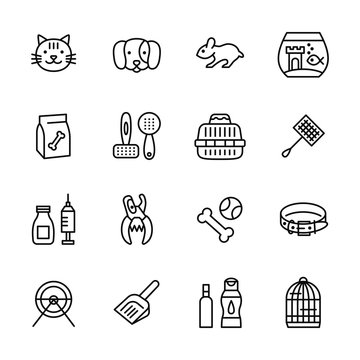 Pet Shop Flat Line Icon Set. Cat, Dog, Hamster, Fish, Aquarium, Toys, Animal Food, Hygiene, Carry, Cage Sign. Editable Strokes. Vector Illustration.