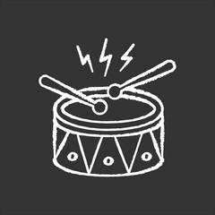 Drum with drumsticks chalk white icon on black background. Musical instrument. Brazilian carnival. Samba. Festive parade. Musical movement. National holiday. Isolated vector chalkboard illustration