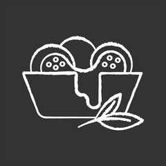 Cheese bread chalk white icon on black background. Arancini. P?o de queijo. Brazilian traditional food. National cuisine. Bakery product with leaves. Isolated vector chalkboard illustration