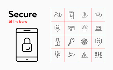 Secure line icon set. Secured access, smartphone, browser window, lock. Protection concept. Can be used for topics like safety, insurance, identification