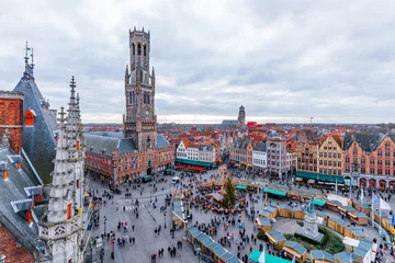 Papier Peint photo Brugges Cityscape and main square in Bruges (Belgium), Belfry Tower