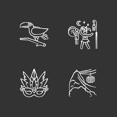 Brazilian carnival chalk white icons set on black background. Traditional masquerade. Street party. Masquerade mask. Toucan. Ropeway. National festival. Isolated vector chalkboard illustrations © IMG visuals icons
