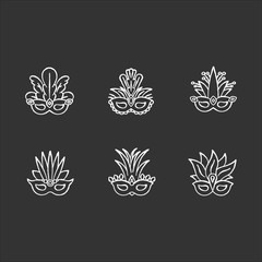 Masquerade masks chalk white icons set on black background. Traditional headwear with plumage. Ethnic festival. Brazilian national holiday. Isolated vector chalkboard illustrations