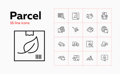 Parcel icons. Set of line icons. Envelope, barcode, express delivery, courier. Delivery concept. Vector illustration can be used for topics like transportation, freight, shipment