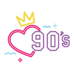 nineties sign retro style neon light vector illustration design