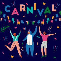 Postcard with dancing people in bright clothes. Card for carnival in Brazil. Abstract memphis background. Concept of festival, party.Design element for banner, poster, card. Flat vector illustration