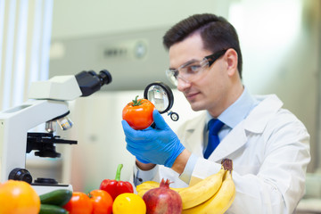 Laboratory worker examining fruits and vegetables and making analysis for pesticides and nitrates.