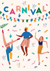 Fototapeta na wymiar Postcard with dancing people in carnival costumes. Card for carnival in Brazil. Abstract memphis background. Concept of festival, party.Design element for banner, poster, card.Flat vector illustration