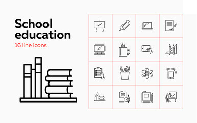 School education icons. Set of line icons. Technology, supply, analysis. University concept. Vector illustration can be used for topics like studying, science, knowledge