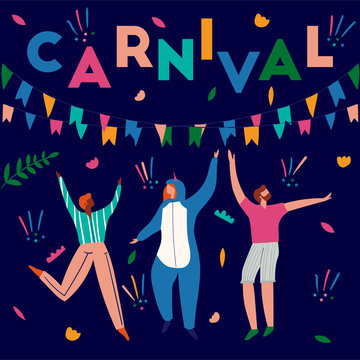 Postcard with dancing people in bright clothes. Card for carnival in Brazil. Abstract memphis background. Concept of festival, party.Design element for banner, poster, card. Flat vector illustration