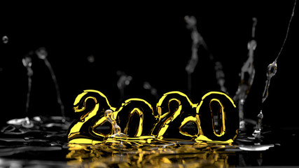 Happy New Year 2020 lettering made by gold and water splash around it. Isolated on black background. 3d illustration. Selective focus macro shot with shallow DOF