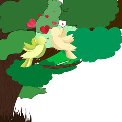 Cute and happy love birds on tree with hearts