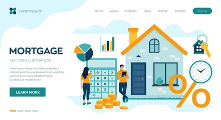 Fototapeta na wymiar Mortgage concept. House loan or money investment to real estate. Property money investment contract. Buying Home. Man and woman calculates home mortgage rate. Vector illustration with characters.