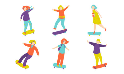 Fototapeta na wymiar Women and men riding skateboard vector illustration