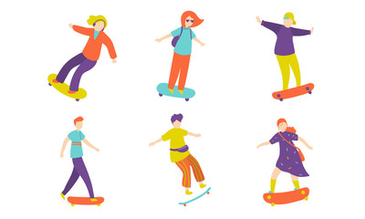 Fototapeta na wymiar Boys and girls teenagers riding skateboard vector illustration